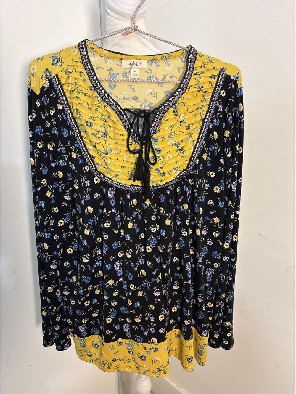 Style Co Top Boho Pleated Yoke Floral Black Yellowâ Tunic Peasant XL Prairie